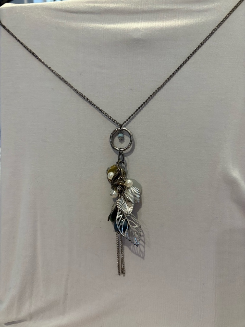 Silver Leaf & Pearl Drop Pendant Necklace - Women Jewelry